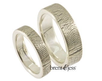 Fingerprint Commitment or Wedding Rings in Sterling Silver, Full Wrapped Print around the Outside, 4mm/6mm widths.