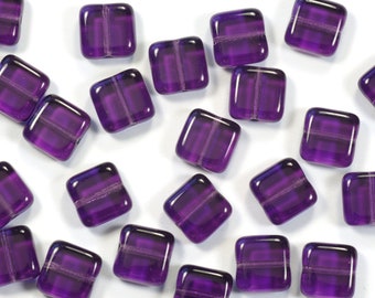 9mm Purple Tanzanite Flat Square Czech Glass Tile Beads - 25