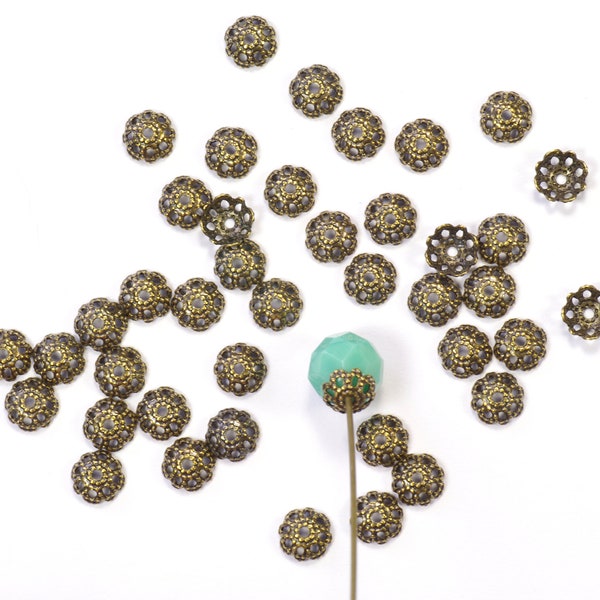 5mm Solid Antiqued Brass Scalloped Filigree Bead Caps Perforated Design - 50