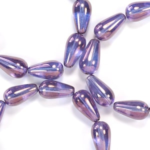 15mm Purple Amethyst Luster Pressed Teardrop Vertical Hole Czech Glass Beads - 10