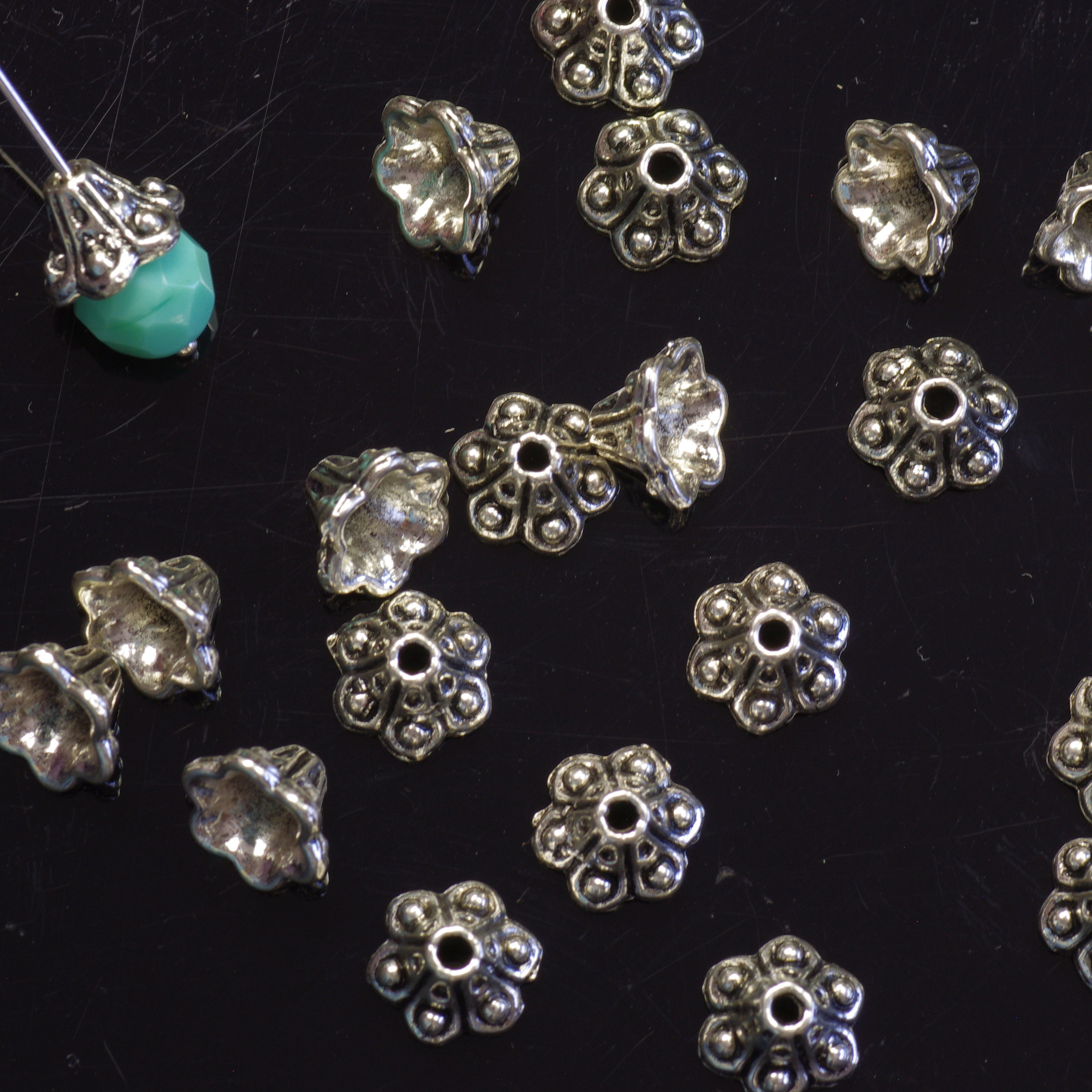 Silver Bead Caps 50pcs Antique Silver Flower End Cap Charms