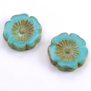 Large Hibiscus Flowers 22mm Satiny Turquoise Blue Picasso Czech Glass Beads - 2