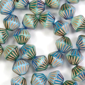 11mm Large Bicone Blue Green Mix with Bronze Wash Czech Glass Beads - 8 Pieces