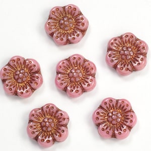 14mm Satiny Pink Dark Bronze Wild Rose Czech Glass Beads - 6 Pieces