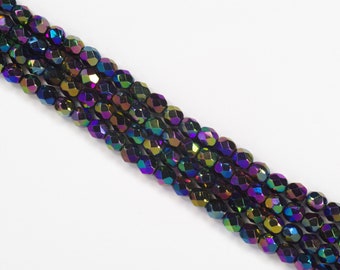 4mm Jet Black AB 2X Fire Polish Czech Glass Beads - 50