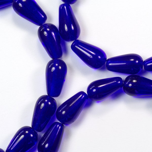 13mm Cobalt Blue Pressed Teardrop Vertical Hole Czech Glass Beads - 12