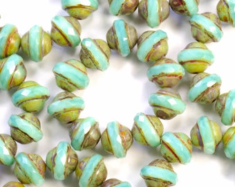 8x10mm Mint Green Opaline Picasso Faceted Saturn Beads - 10