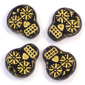 Sugar Skulls Jet with Gold Bronze Wash Czech Glass Beads 20mm - 4