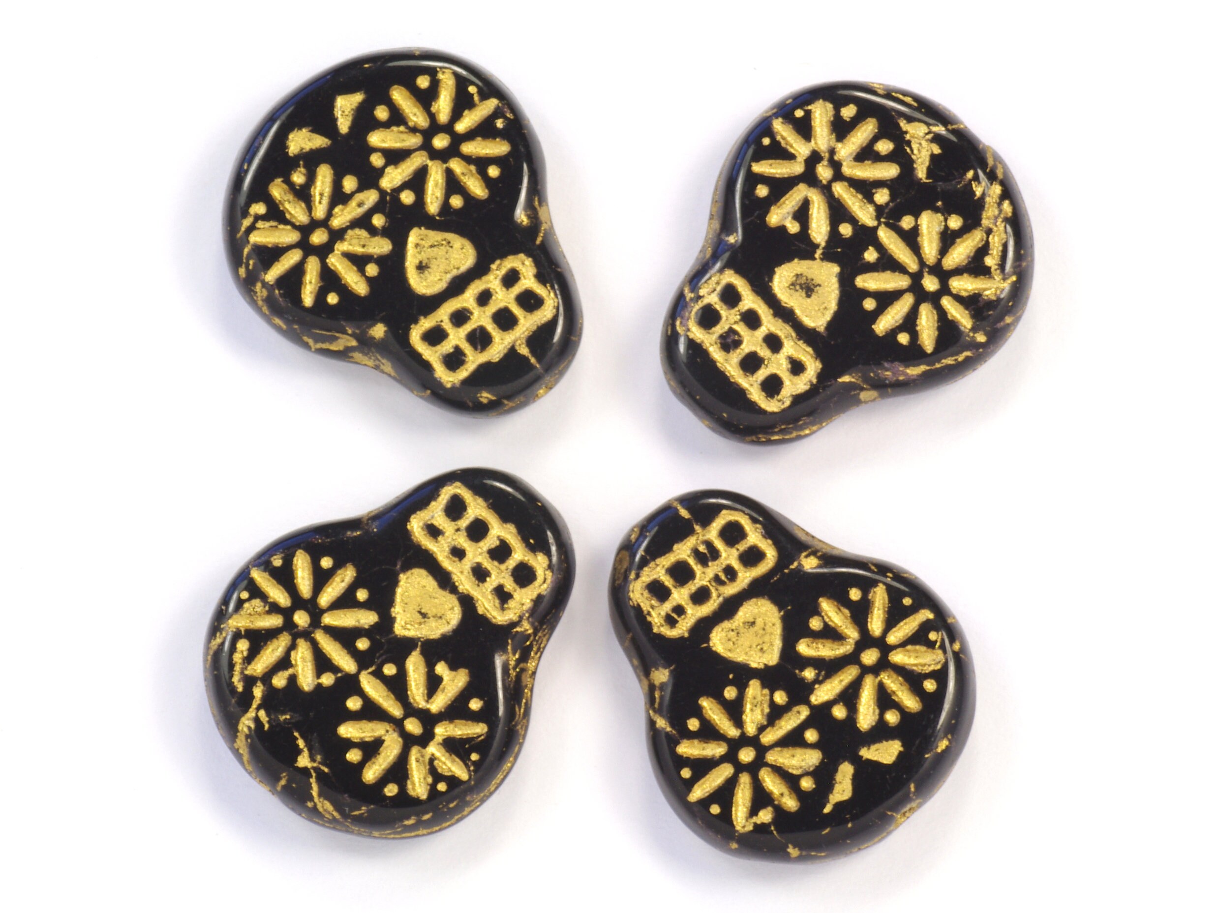 Sugar Skulls Jet with Gold Bronze Wash Czech Glass Beads 20mm - 4
