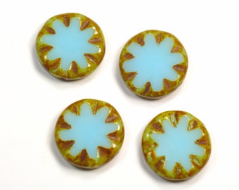 18mm Flower Coin Sky Blue Picasso Czech Glass Table Cut Beads - 4 Pieces