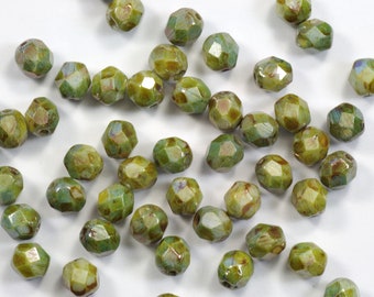 Green Luster Picasso Czech Glass Fire Polish Beads 6mm - 25