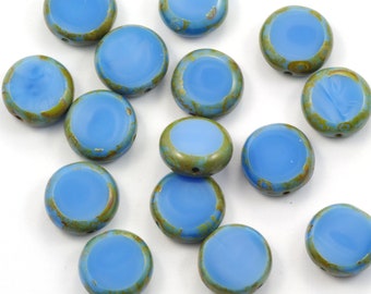 11mm Satiny Denim Blue Picasso Window Czech Glass Coin Beads