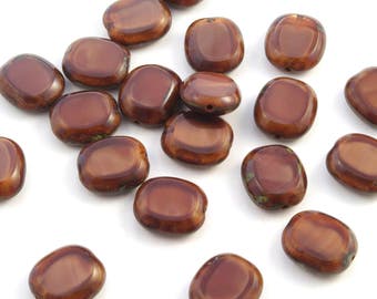 14x12mm Satiny Brown Picasso Table Cut Oval Czech Glass Beads - 10