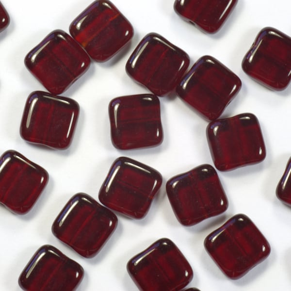 9mm Dark Ruby Red Czech Glass Square Tile Beads - 25