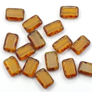 Smokey Brown Topaz Opaline Picasso Czech Glass Rectangle Beads 8x12mm - 12