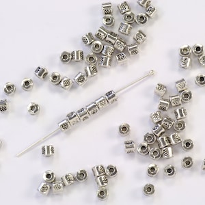 Hill Tribe Silver Style Cylinder Spacer Beads with Daisy Design Silver Plated Pewter 3mm - 50