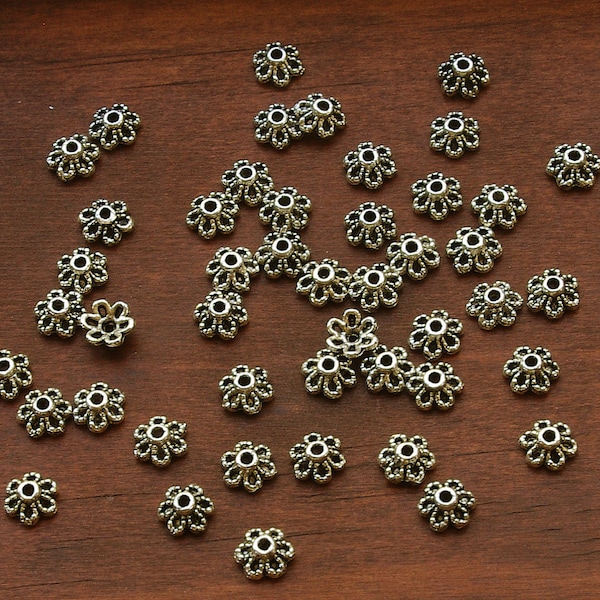 6mm Flower Bead Caps Antiqued Silver Plated Pewter - 75