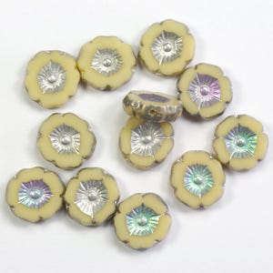 12mm Hibiscus Flowers Opaque Beige with Brown and Silver AB Picasso Finishes Czech Glass Beads