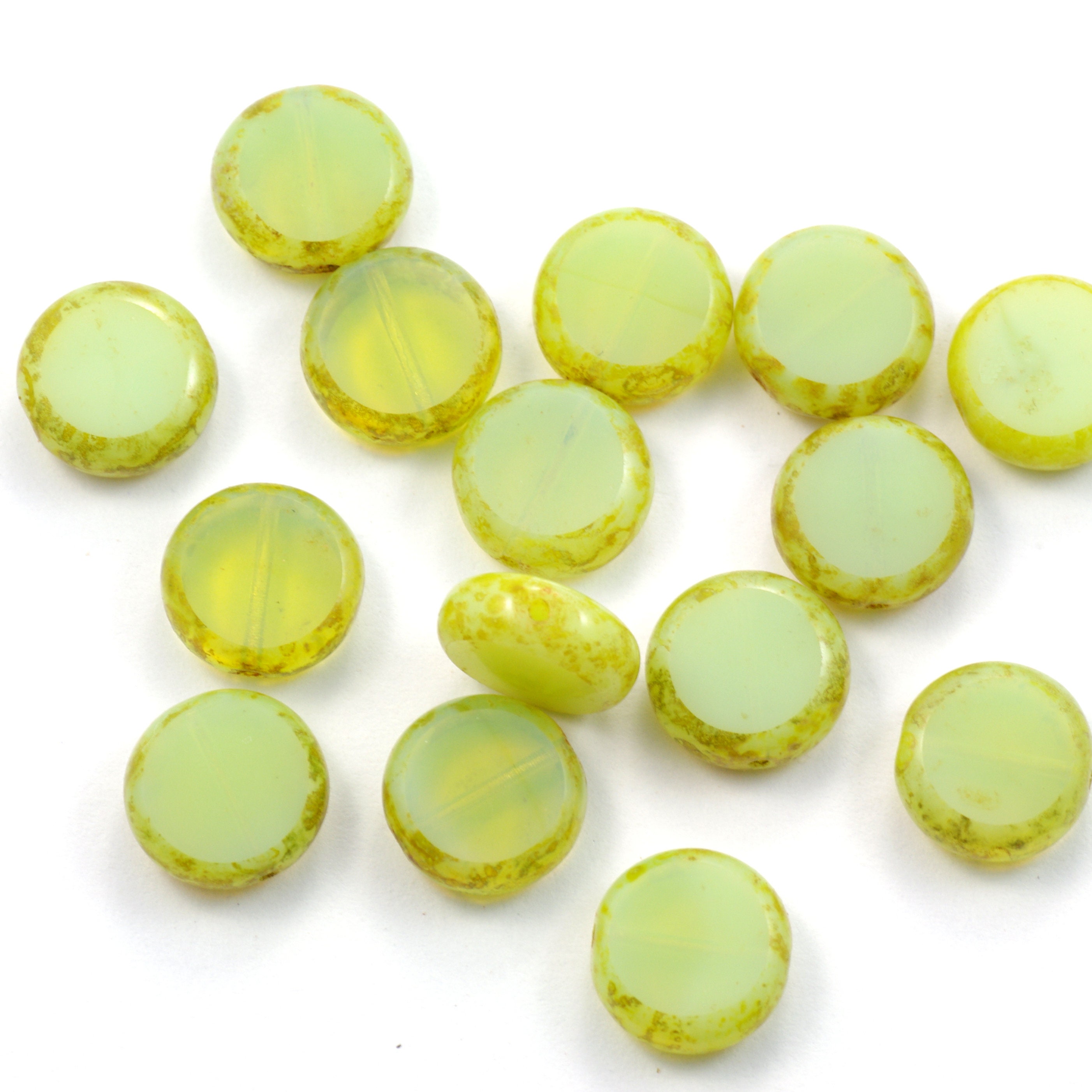 11mm Green Opaline Picasso Czech Glass Table Cut Coin Beads - 15