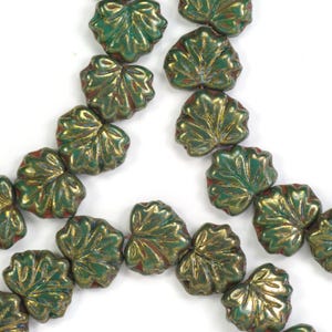 13mm Dark Green Luster and Hints of Red Maple Leaf Czech Glass Beads - 10
