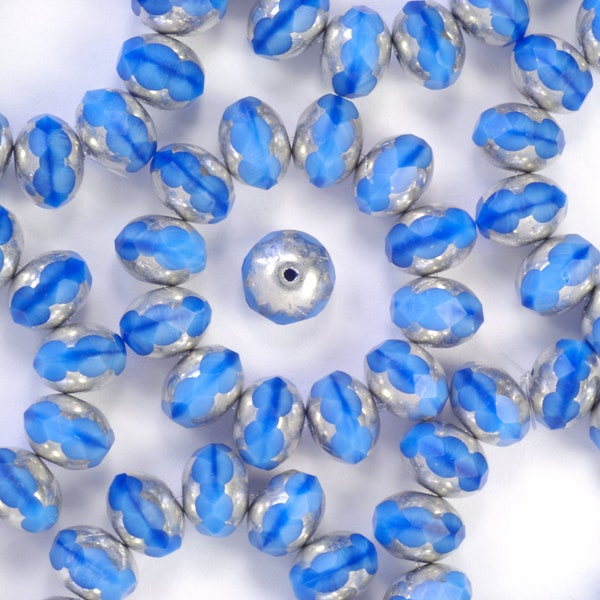 8mm Opaque Periwinkle Blue Mix with Matte Silver Wash Czech Glass Fire Polish Rondelle Beads - 12