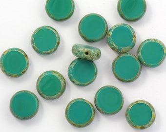 11mm Dark Green Turquoise Picasso Coin Window Czech Glass Beads