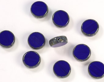 11mm Opaque Cobalt or Royal Blue Picasso Window Coin Czech Glass Beads