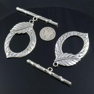 Extra Large Etched Leaf Silver Plated Pewter Toggle Clasps 54mm x 33mm - 2 sets