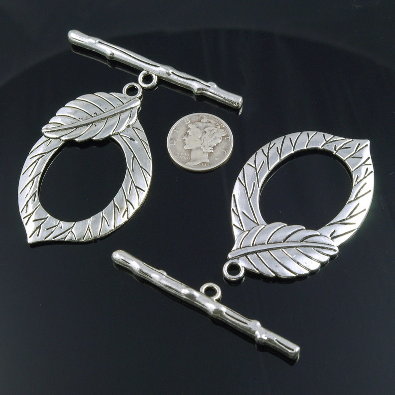 Extra Large Etched Leaf Silver Plated Pewter Toggle Clasps 54mm x 33mm 2 sets image 1