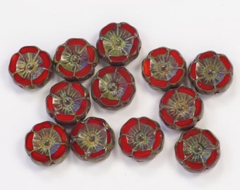 12mm Hibiscus Flowers Lady Bug Opaque Red Picasso Czech Glass Beads - 12