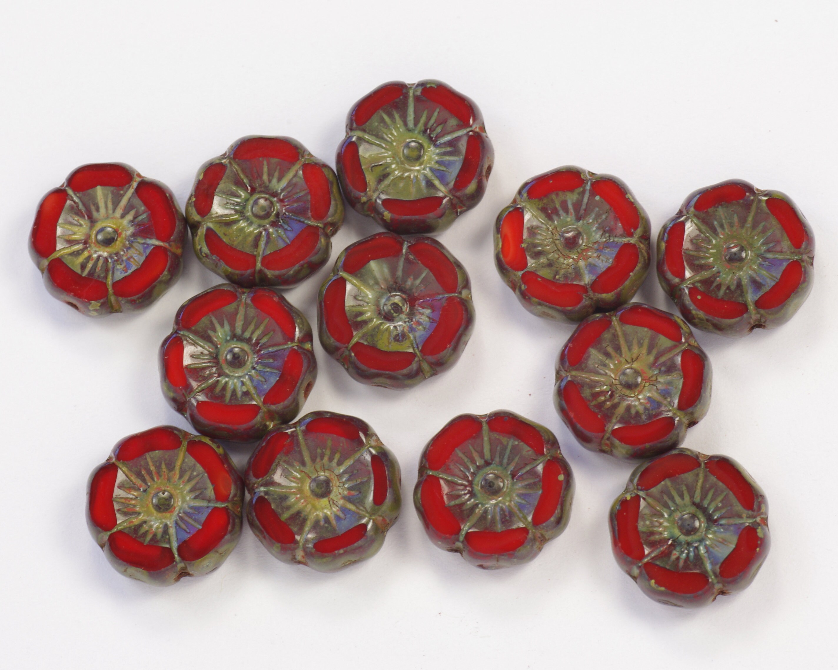 12mm Hibiscus Flowers Lady Bug Opaque Red Picasso Czech 12mm Hibiscus Flowers Lady Bug Opaque Red Picasso Czech