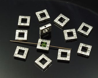 10mm Pewter Silver Plated Antiqued Striated Square Bead Frames - 12
