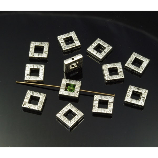 10mm Pewter Silver Plated Antiqued Striated Square Bead Frames - 12