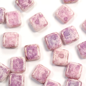 9mm Purple Luster Picasso on Opaque White Flat Square Czech Glass Tile Beads - 25