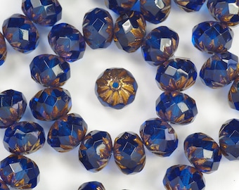 9x7mm Capri Blue Aqua Cruller Czech Glass Beads with Gold Finish - 12