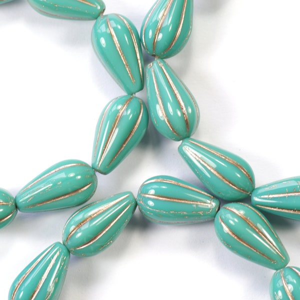 Opaque Turquoise Melon Teardrop Silver Wash Czech Glass Beads Vertical Hole 13x8mm - 10