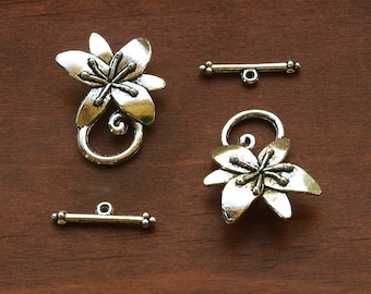 Antiqued Lily Flower Silver Plated Pewter Toggle Clasps 12mm Opening - 2 Sets