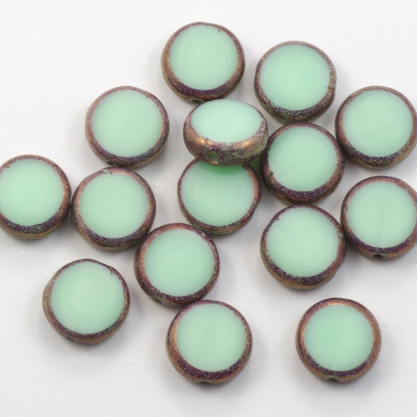 11mm Satiny Mint Green with Bronze Table Cut Coin Czech Glass Beads