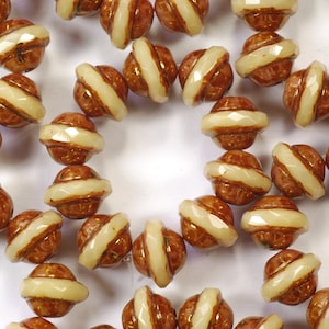 10mm Opaque Beige Brown Luster Picasso Faceted Saturn Beads - 10