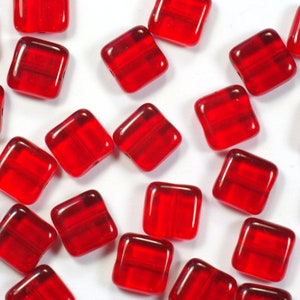 9mm Light Siam Ruby Red Czech Glass Square Tile Beads - 25