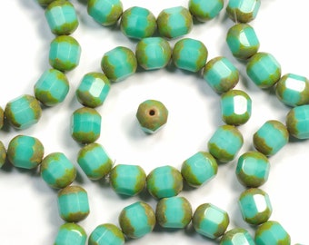 8mm Turquoise Picasso Octagon Cathedral Czech Glass Beads - 12