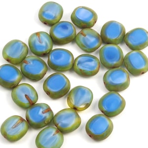 Satiny Blue Givre Table Cut Oval 10x9mm Brown Picasso Czech Glass Beads - 15