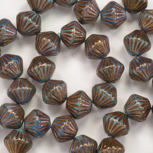 11mm Deep Blue Green Mix Large Bicone with Dark Bronze Finish Czech Glass Beads - 8 Pieces