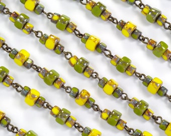 Czech Glass Beaded Chain Lemon Yellow and Olivine Picasso Tricut