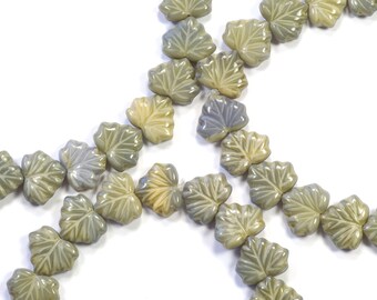 13mm Satiny Gray and Tan Hints of Purple Czech Glass Maple Leaf Beads - 10
