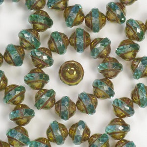 Aqua Blue Green with Bronze Faceted Saturn Beads 8x10mm - 10