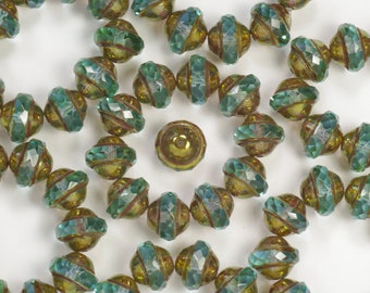 Aqua Blue Green with Bronze Faceted Saturn Beads 8x10mm - 10