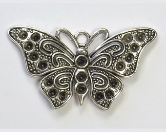 Large Butterfly Pendant Silver Plated Pewter with Rhinestone Settings