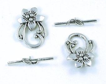 Antiqued Bali Style Flower Silver Plated Pewter Toggle Clasps  - 2 Sets