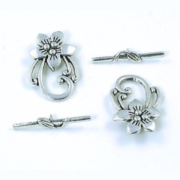 Antiqued Bali Style Flower Silver Plated Pewter Toggle Clasps  - 2 Sets